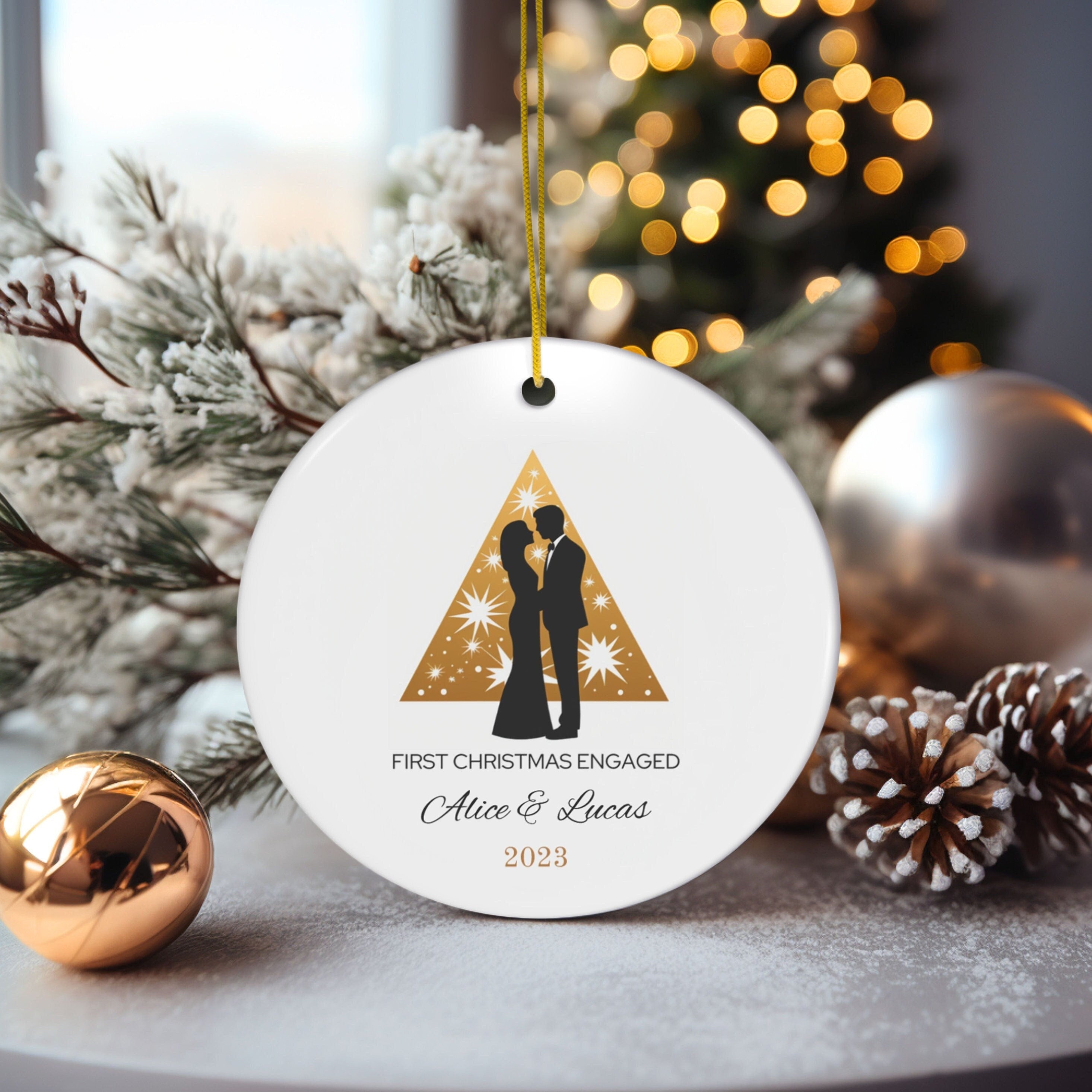 Personalized Golden Christmas Tree First Christmas Engaged Ornament