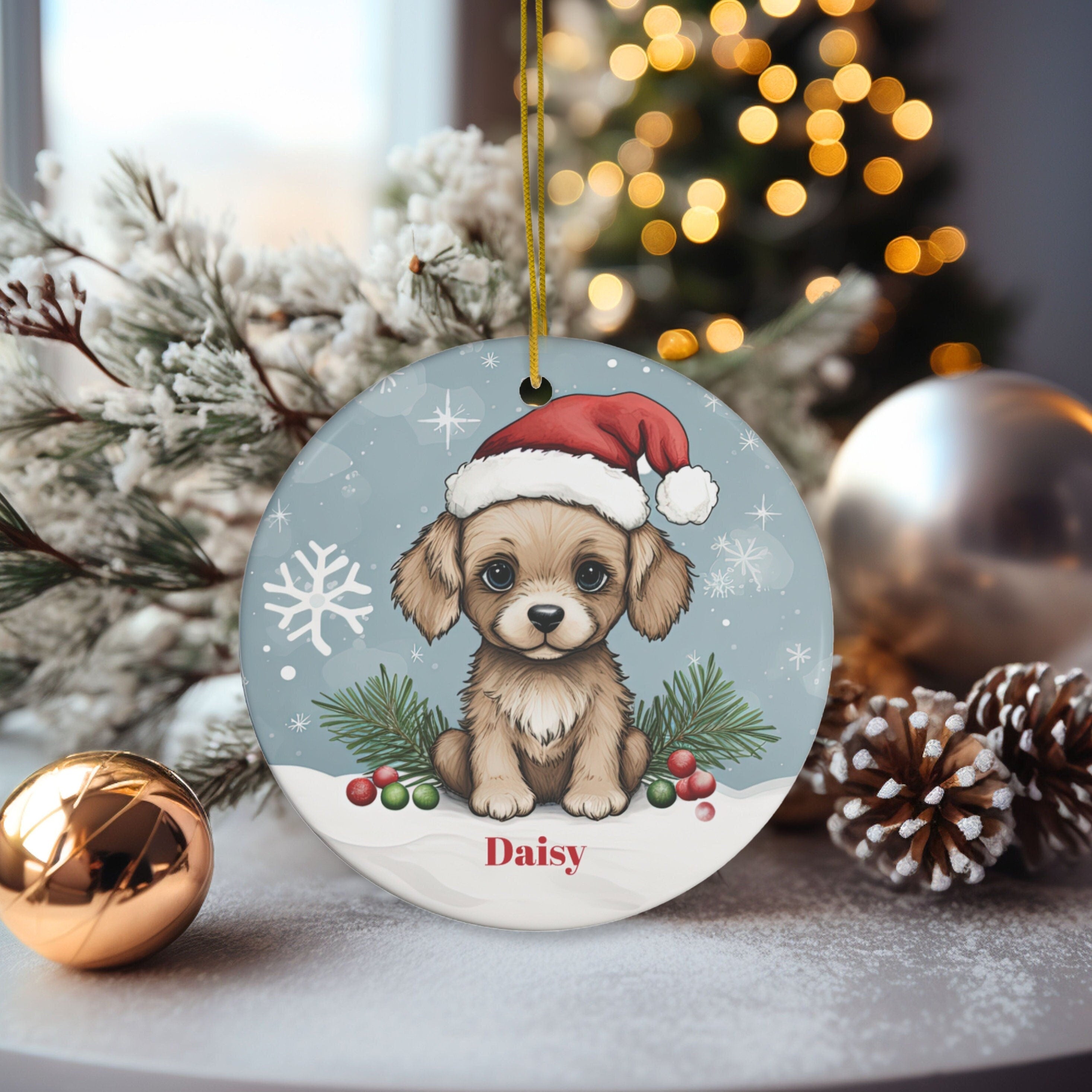 Personalized Cute Dog in a Santa Hat Ornament