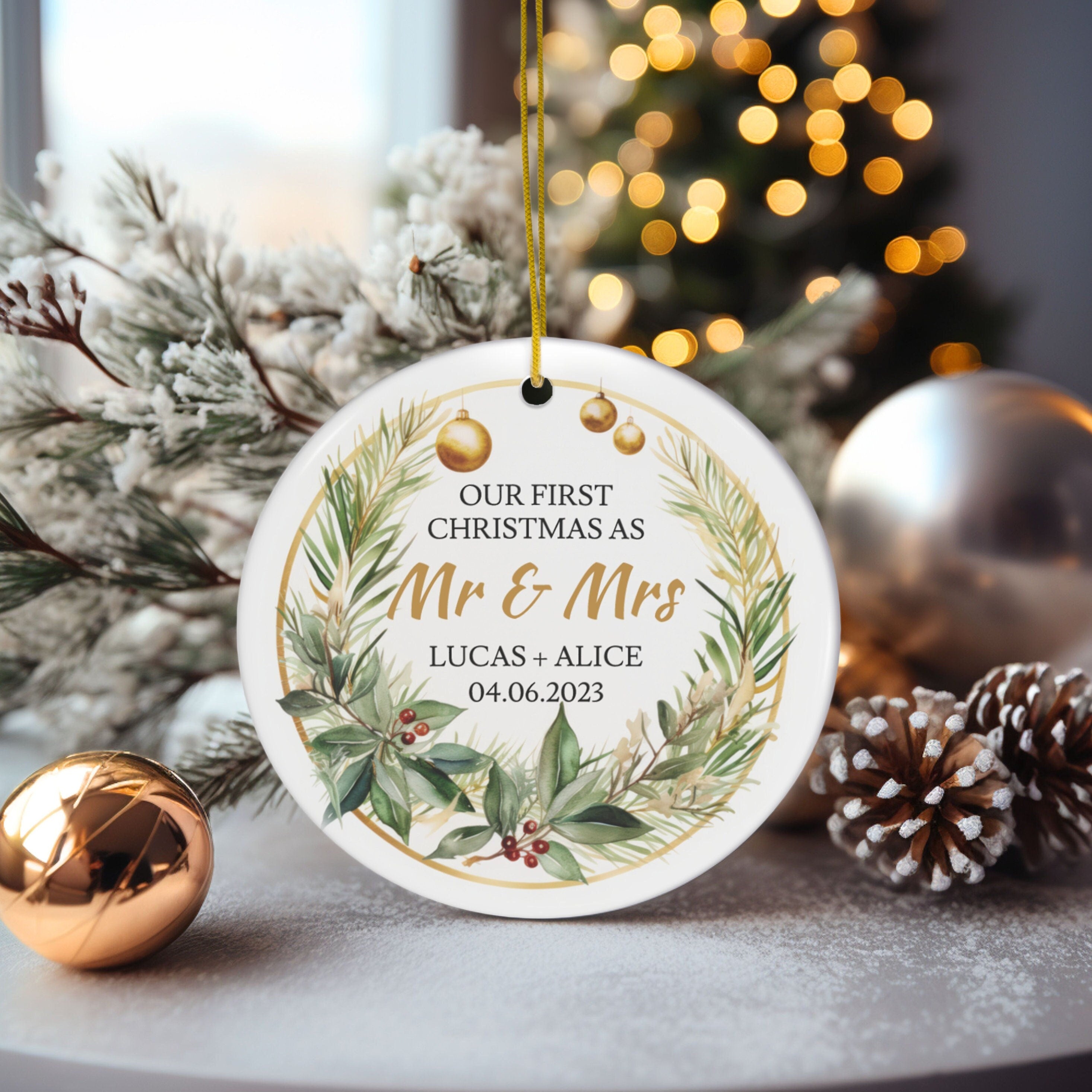 Personalized Mr & Mrs First Christmas Married Floral Ornament