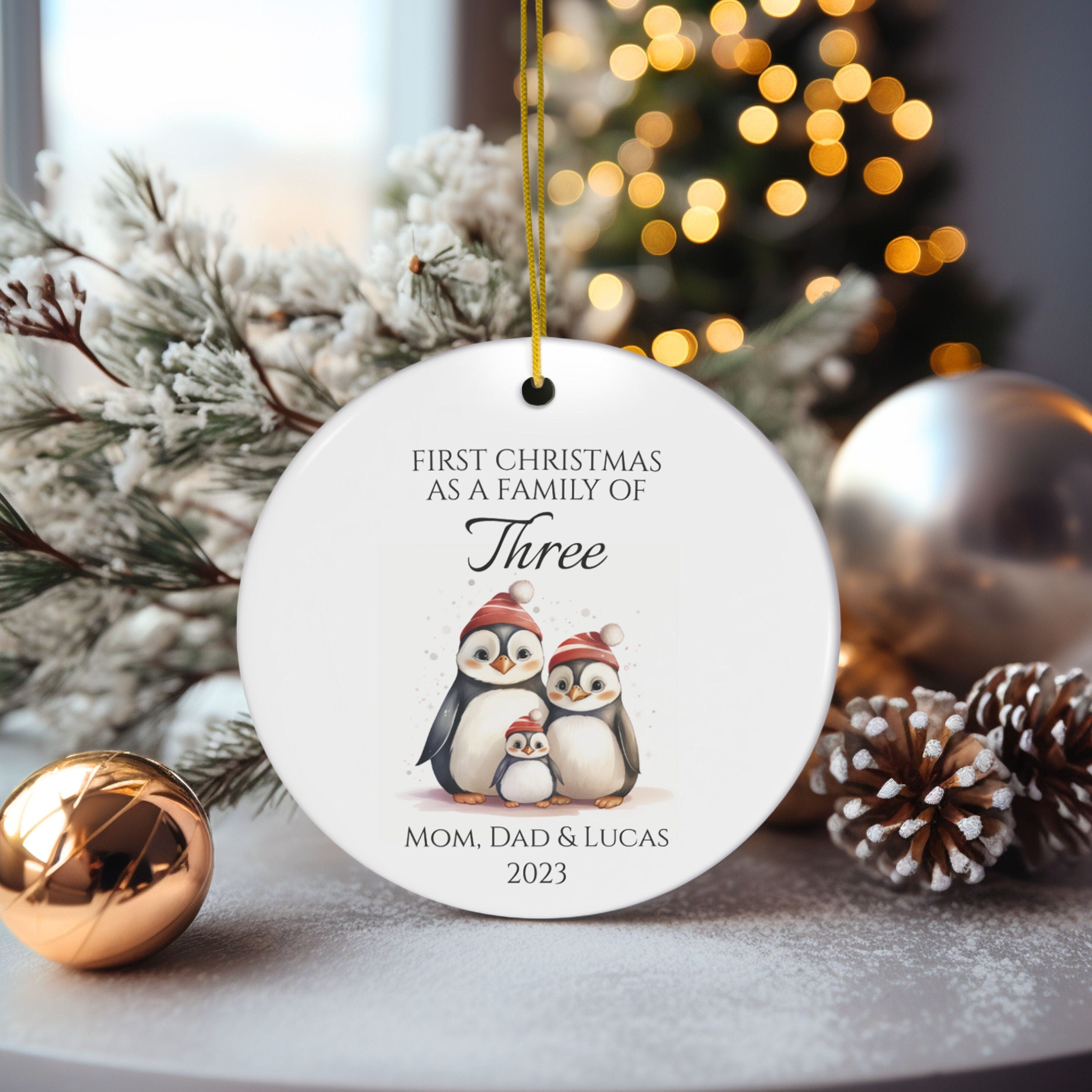 Personalized Family Of Three Family Penguins Ornament