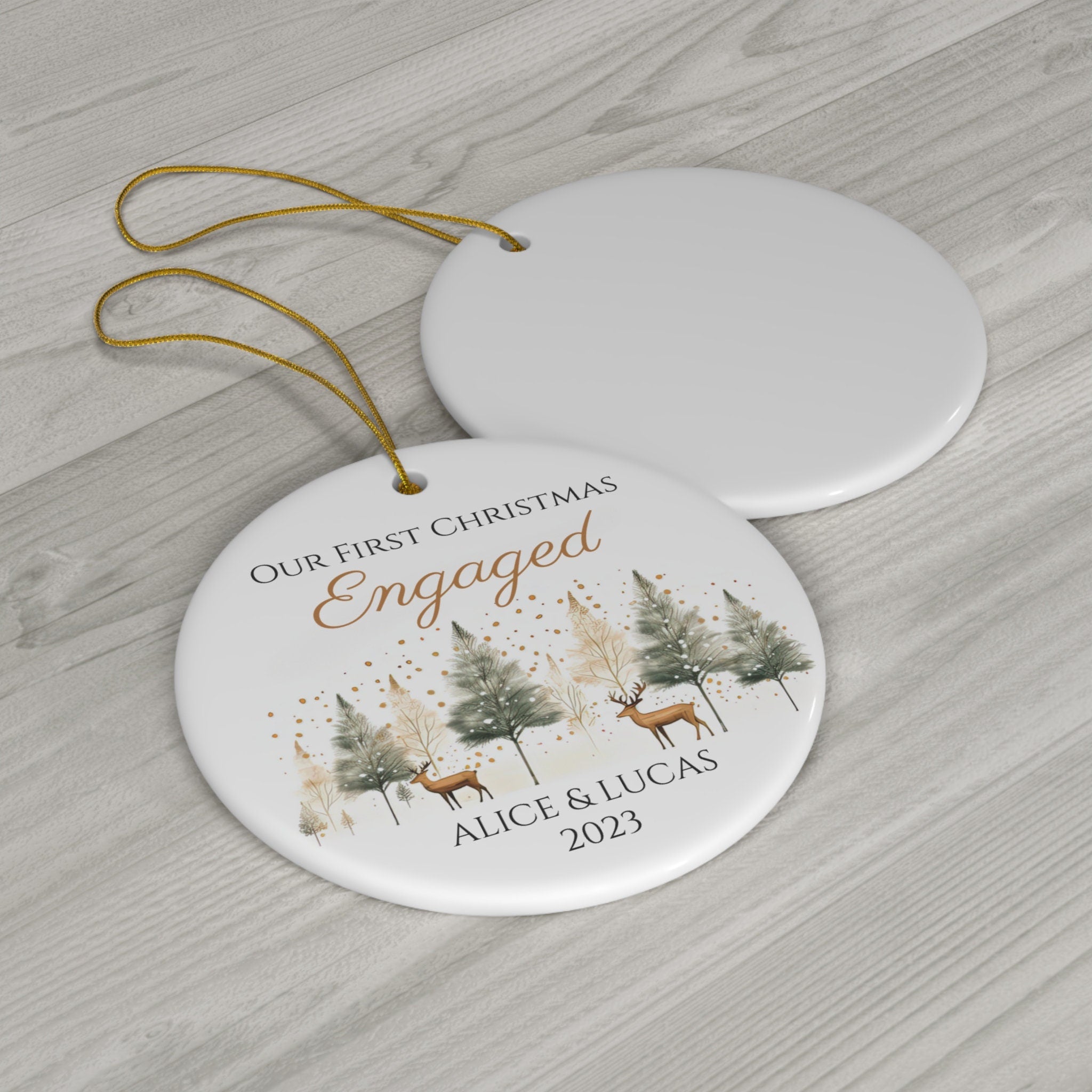 Personalized First Christmas Engaged Reindeer & Pine Trees Ornament