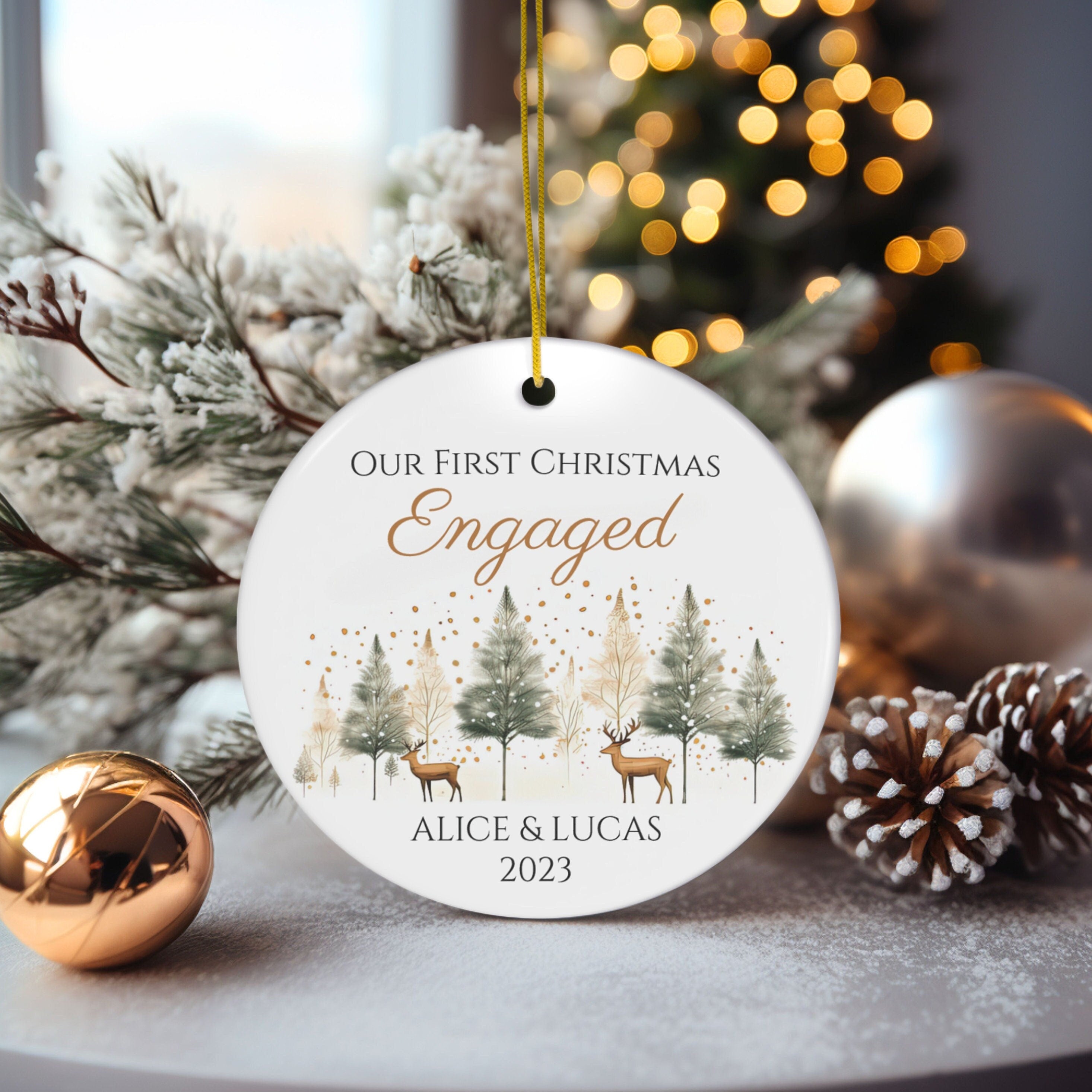 Personalized First Christmas Engaged Reindeer & Pine Trees Ornament