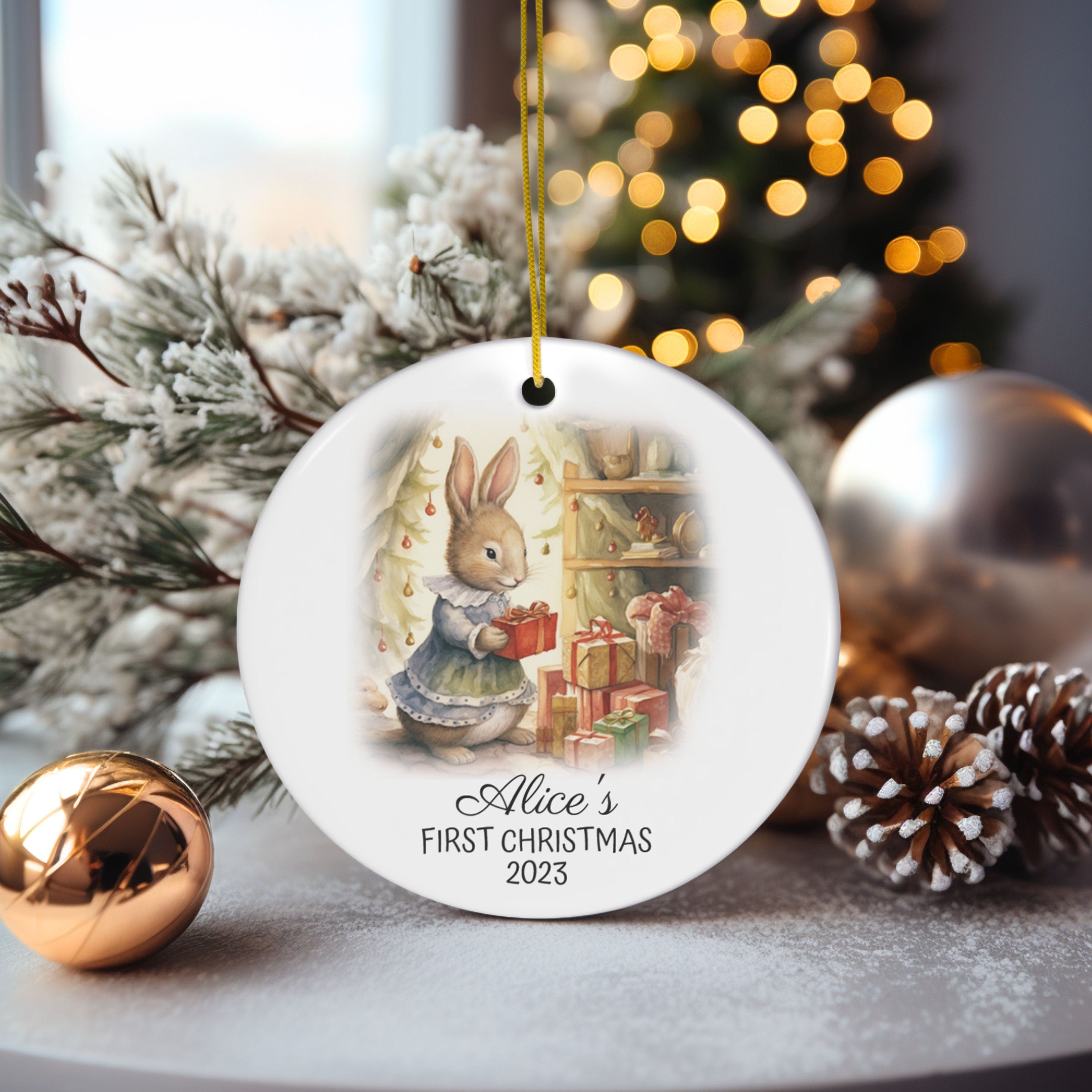 Personalized Child's First Christmas Cute Rabbit Ornament